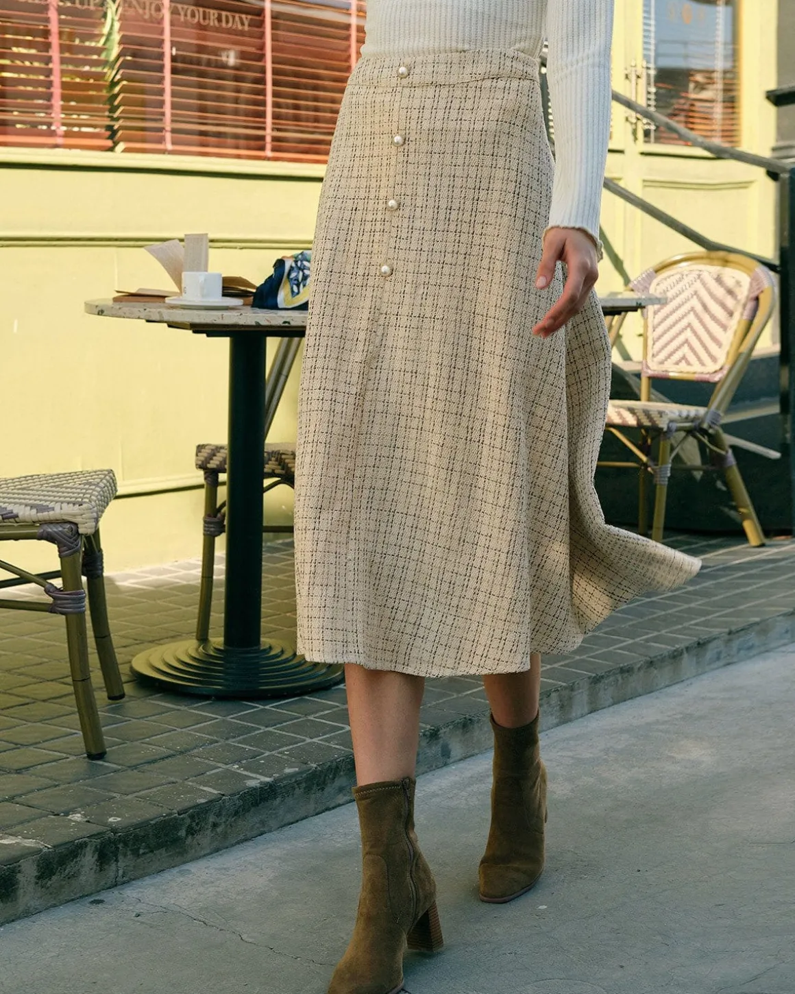 The Pearl Button High Waisted Tweed Skirt