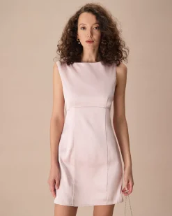 The Pink Boat Neck Bowknot Satin Mini Dress