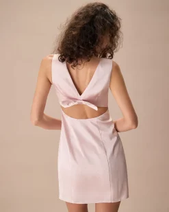 The Pink Boat Neck Bowknot Satin Mini Dress
