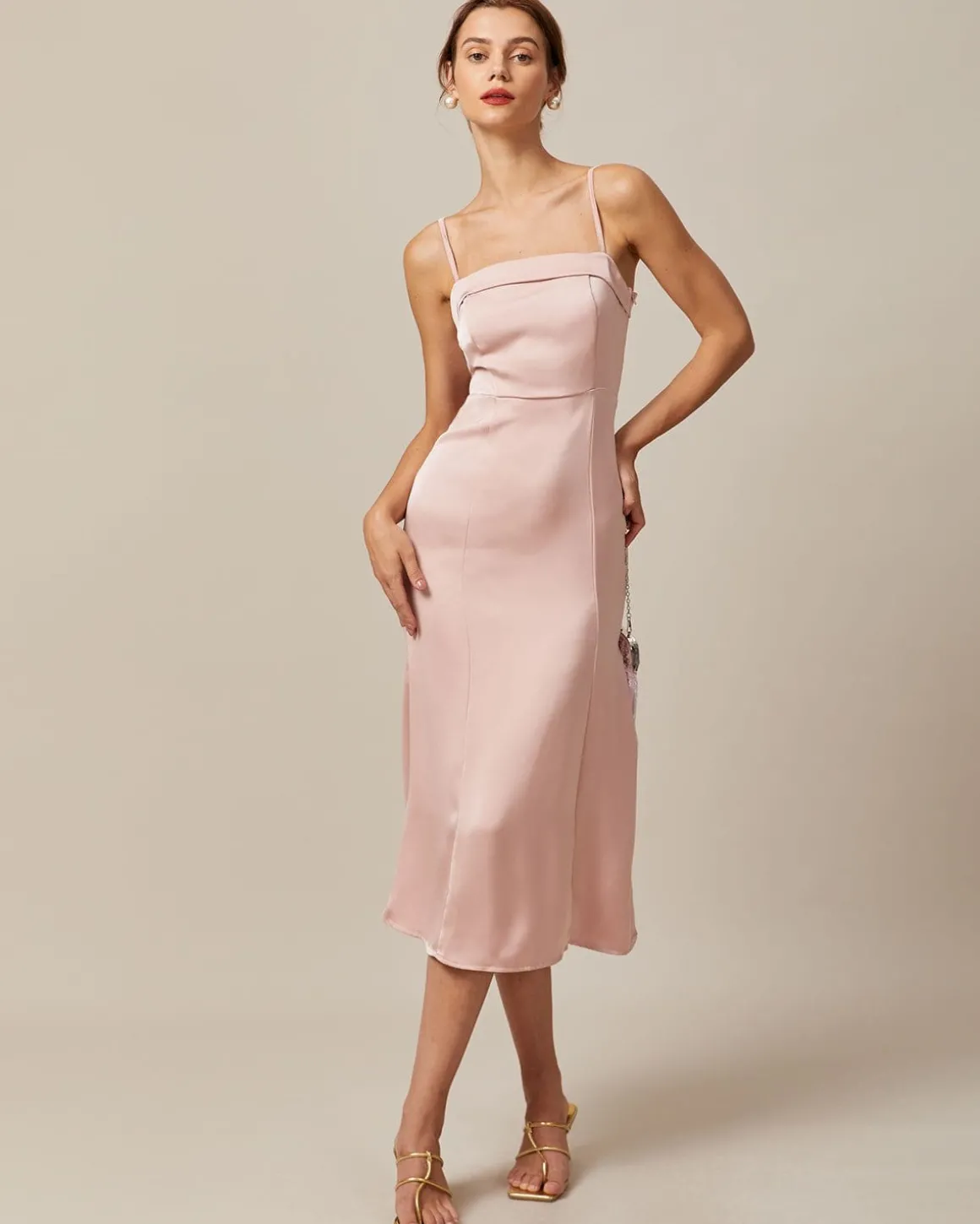 The Pink Bodycon Satin Cami Midi Dress