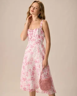 The Pink Square Neck Floral Ruched Midi Dress