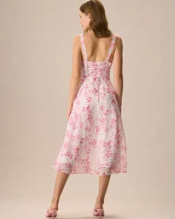 The Pink Square Neck Floral Ruched Midi Dress