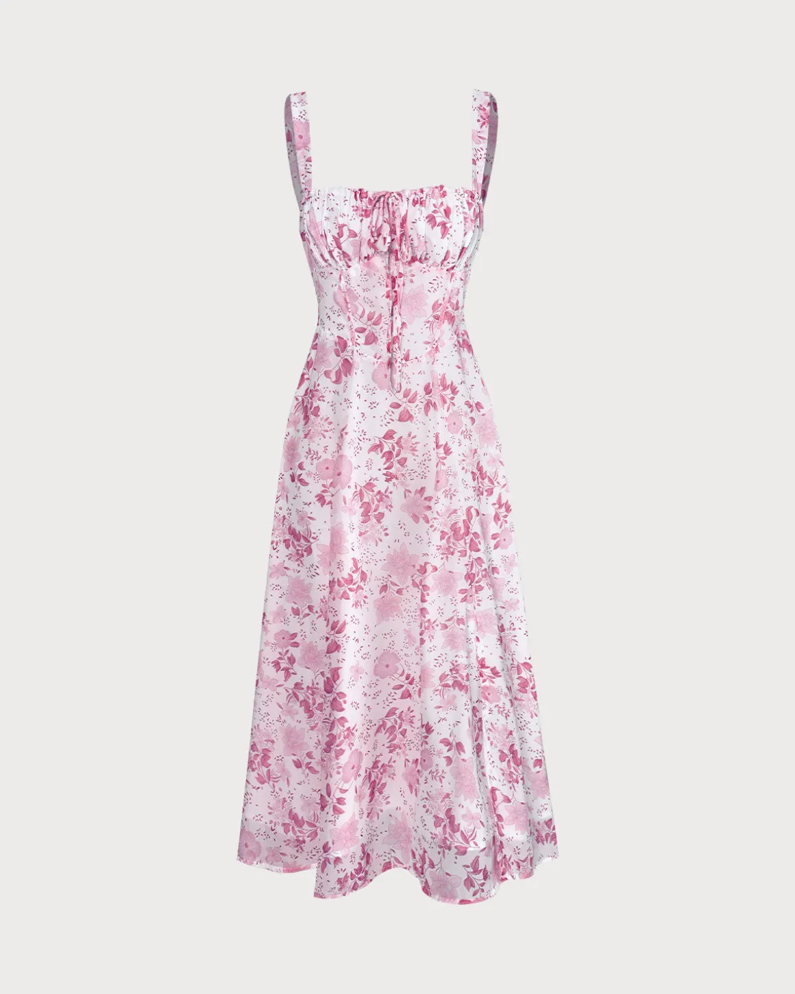 The Pink Square Neck Floral Ruched Midi Dress