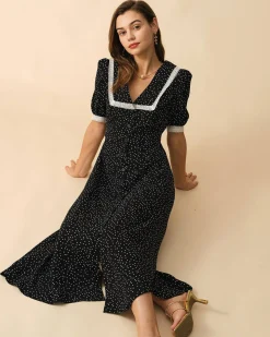 The Polka Dot Lace Trim Midi Dress