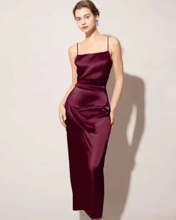 The Red Back Slit Satin Sling Maxi Dress