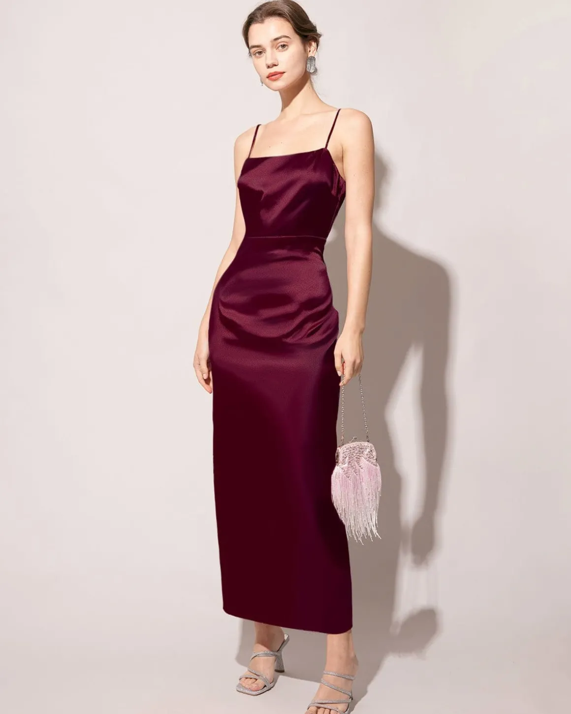 The Red Back Slit Satin Sling Maxi Dress