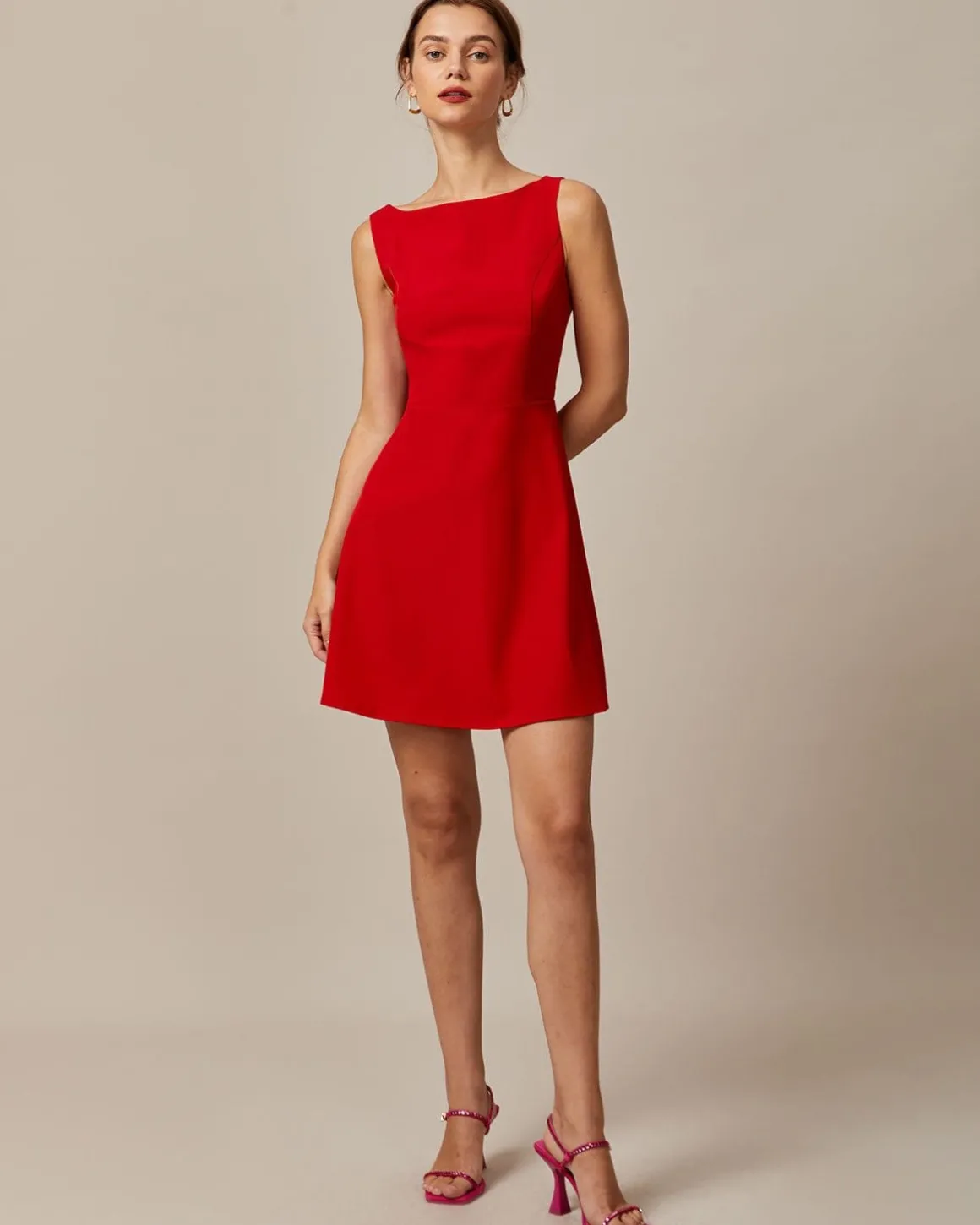 The Red Boat Neck High Waisted Mini Dress