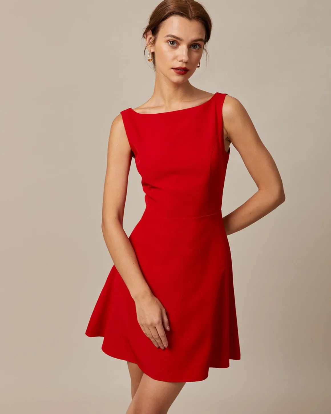 The Red Boat Neck High Waisted Mini Dress