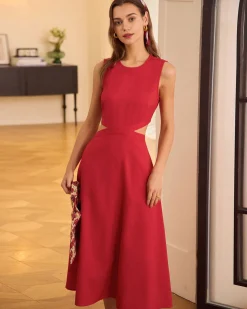The Red Round Neck Cut-Out Midi Dress