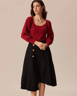 The Red Scoop Neck Lantern Sleeve Sweater