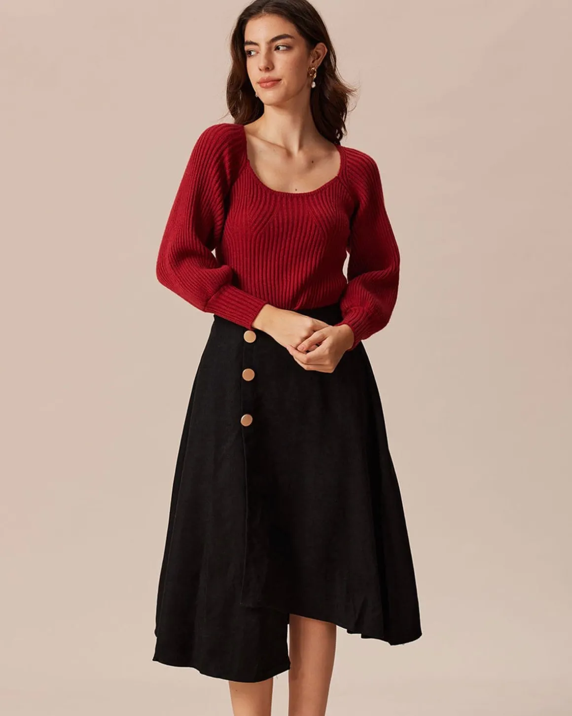 The Red Scoop Neck Lantern Sleeve Sweater