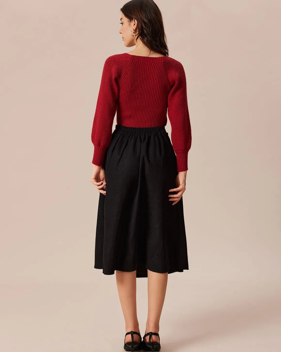 The Red Scoop Neck Lantern Sleeve Sweater