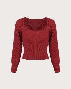 The Red Scoop Neck Lantern Sleeve Sweater