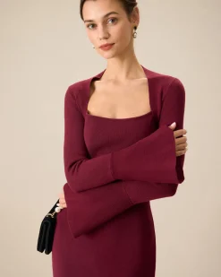 The Red Square Neck Flare Sleeve Midi Dress