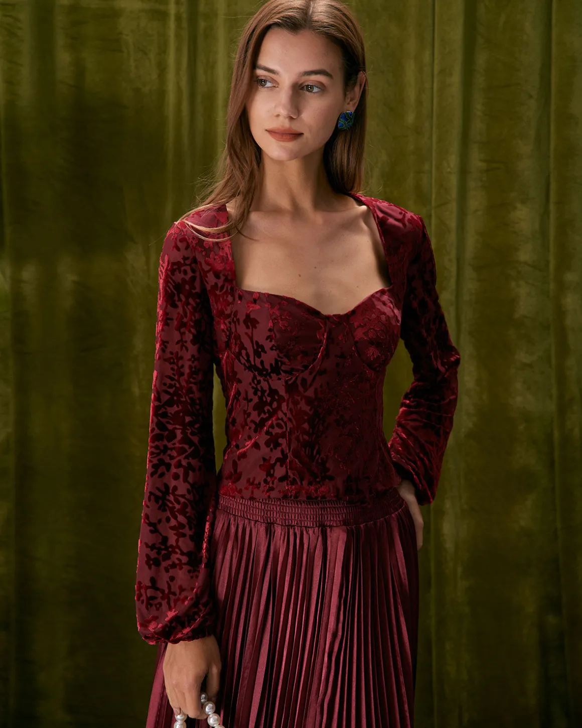 The Red Sweetheart Neck Burnout Blouse
