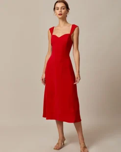 The Red Sweetheart Neck Cap Sleeve Midi Dress