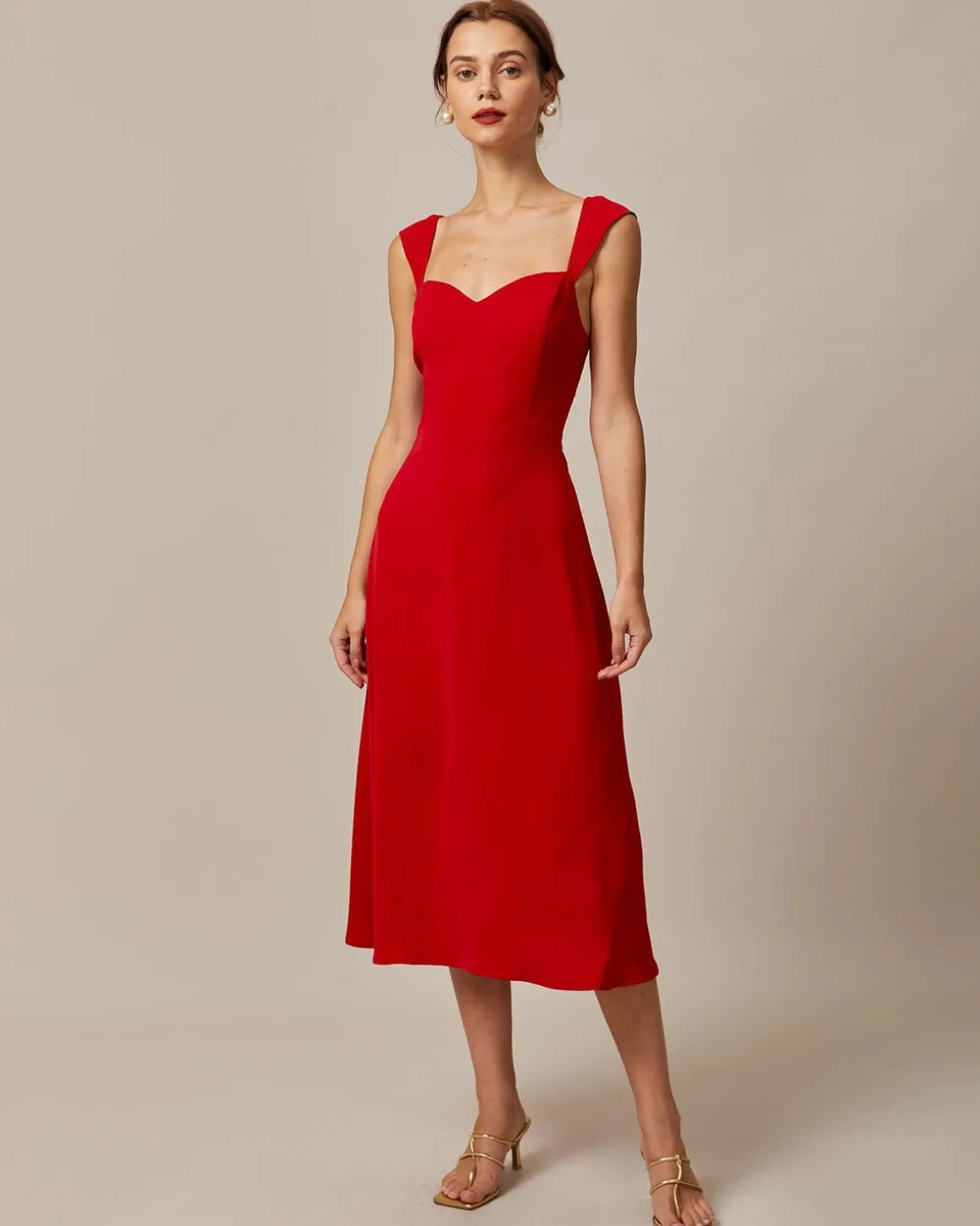 The Red Sweetheart Neck Cap Sleeve Midi Dress