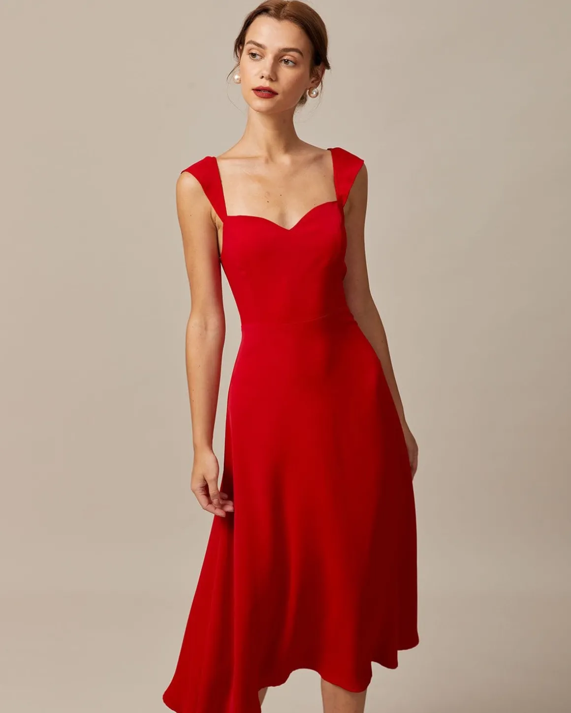 The Red Sweetheart Neck Cap Sleeve Midi Dress