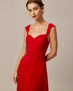 The Red Sweetheart Neck Cap Sleeve Midi Dress