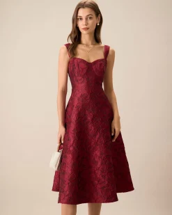 The Red Sweetheart Neck Jacquard Midi Dress