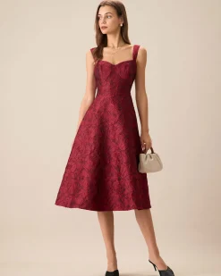 The Red Sweetheart Neck Jacquard Midi Dress
