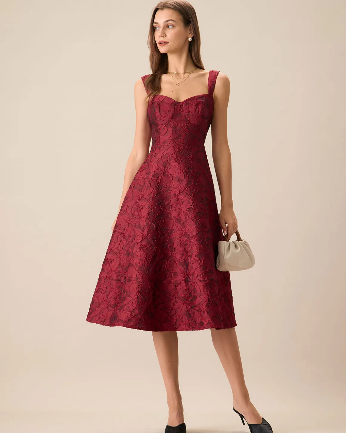 The Red Sweetheart Neck Jacquard Midi Dress