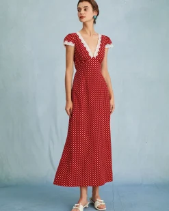 The Red V Neck Polka Dot Lace Ruched Maxi Dress