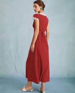 The Red V Neck Polka Dot Lace Ruched Maxi Dress