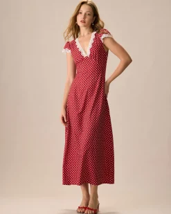 The Red V Neck Polka Dot Lace Ruched Maxi Dress