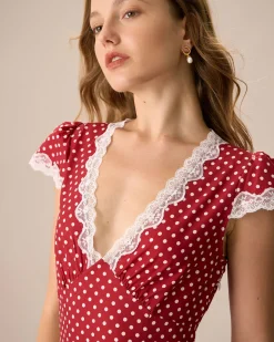 The Red V Neck Polka Dot Lace Ruched Maxi Dress