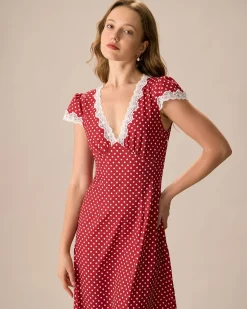 The Red V Neck Polka Dot Lace Ruched Maxi Dress