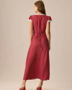 The Red V Neck Polka Dot Lace Ruched Maxi Dress