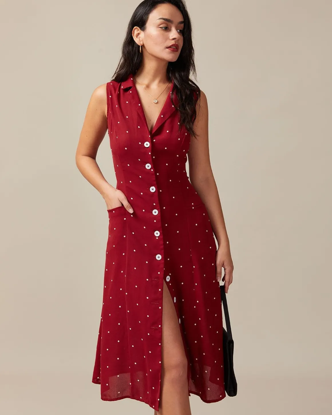 The Red V Neck Polka Dot Tie Back Midi Dress