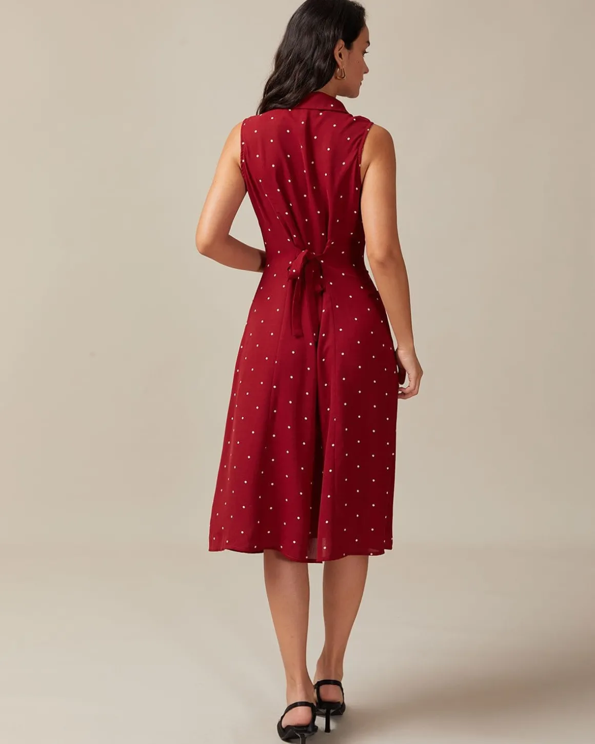 The Red V Neck Polka Dot Tie Back Midi Dress
