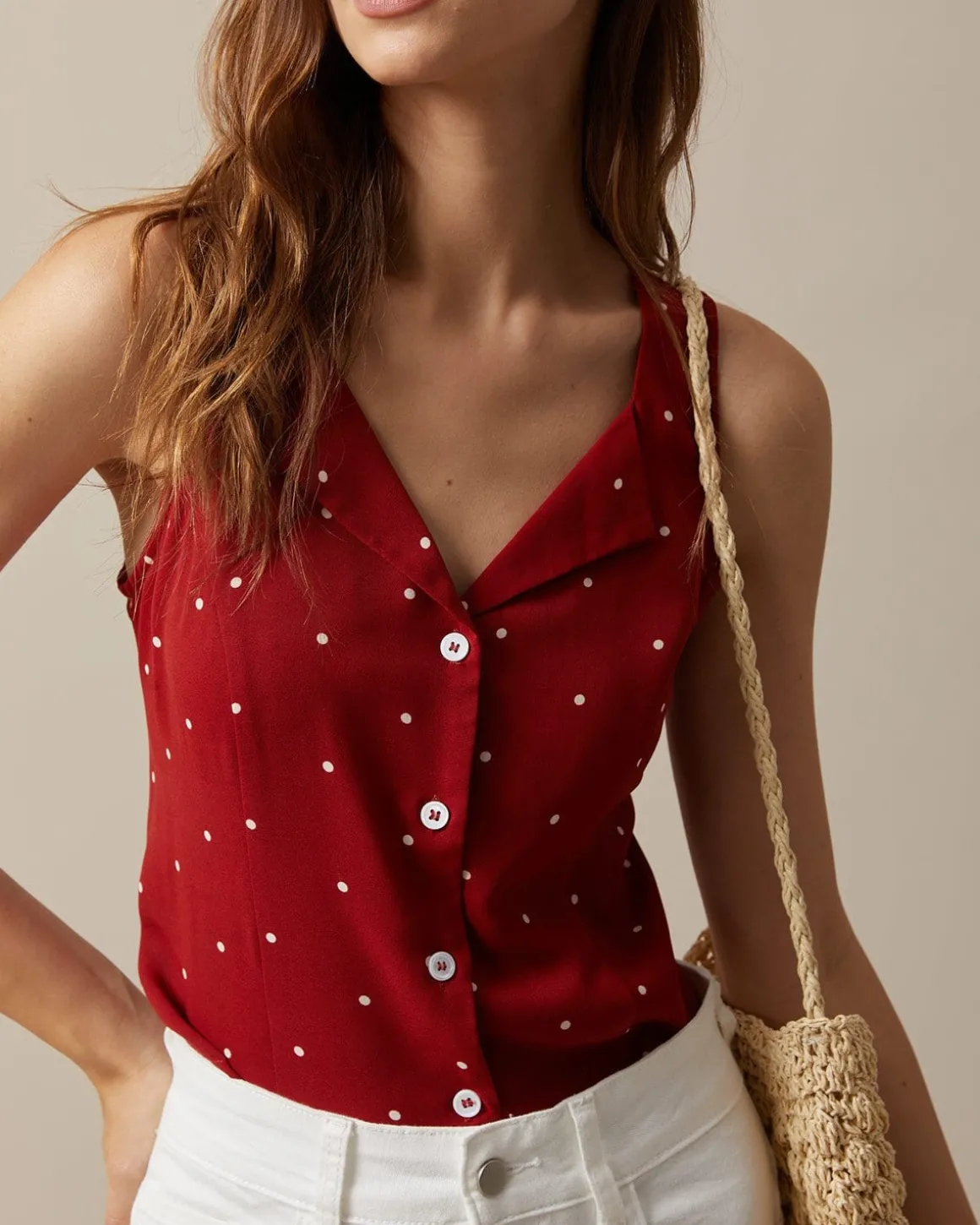 The Red V Neck Polka Dot Print Sleeveless Vest