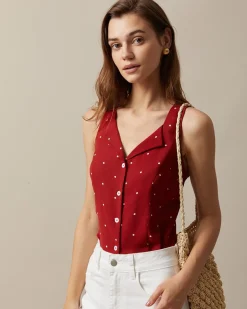 The Red V Neck Polka Dot Print Sleeveless Vest