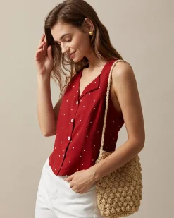 The Red V Neck Polka Dot Print Sleeveless Vest