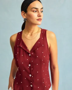 The Red V Neck Polka Dot Print Sleeveless Vest
