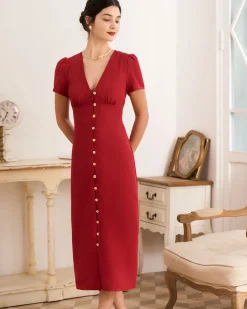 The Red V Neck Shirred Puff Sleeve Midi Dress