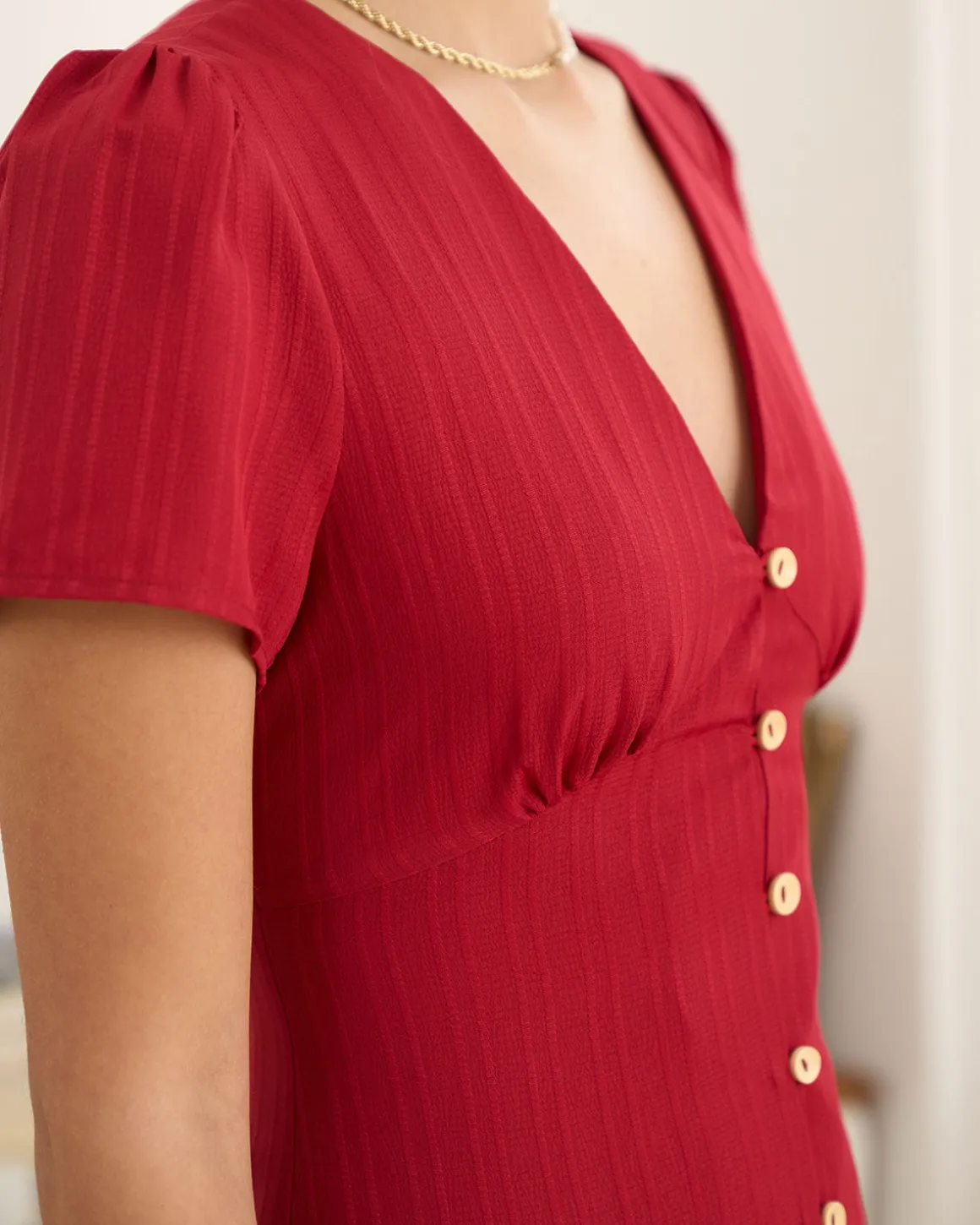 The Red V Neck Shirred Puff Sleeve Midi Dress