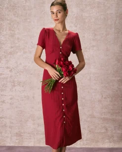 The Red V Neck Shirred Puff Sleeve Midi Dress