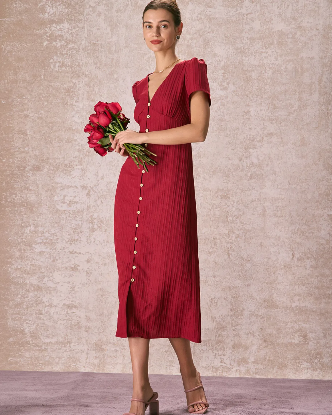 The Red V Neck Shirred Puff Sleeve Midi Dress