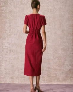 The Red V Neck Shirred Puff Sleeve Midi Dress
