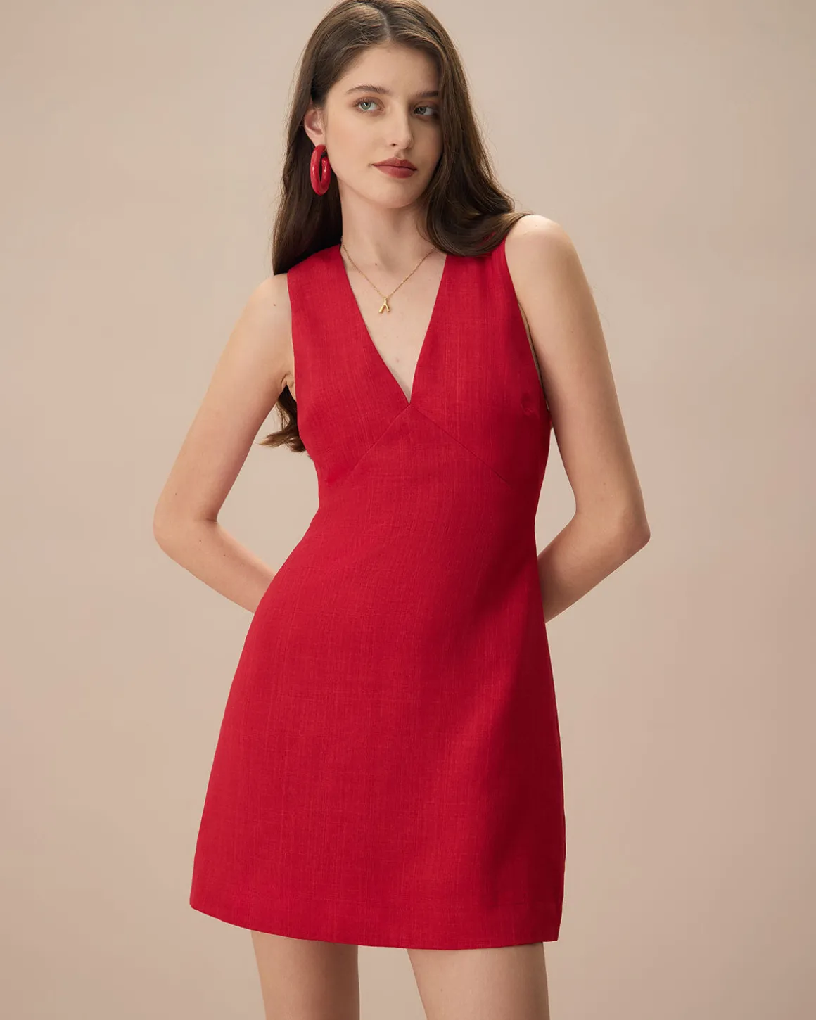 The Red V Neck Sleeveless Linen Mini Dress