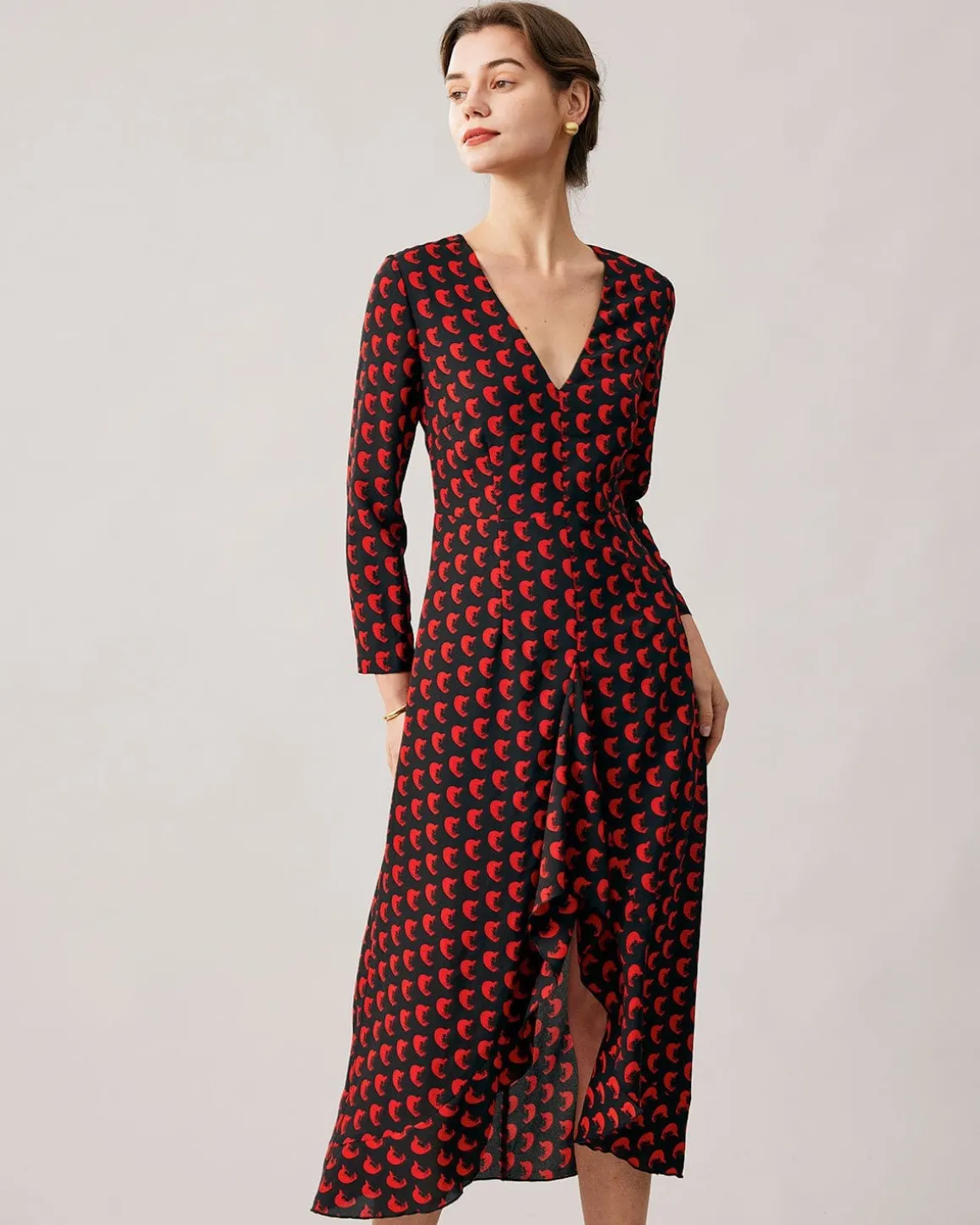 The Red V Neck Slit Long Sleeve Midi Dress