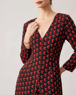 The Red V Neck Slit Long Sleeve Midi Dress