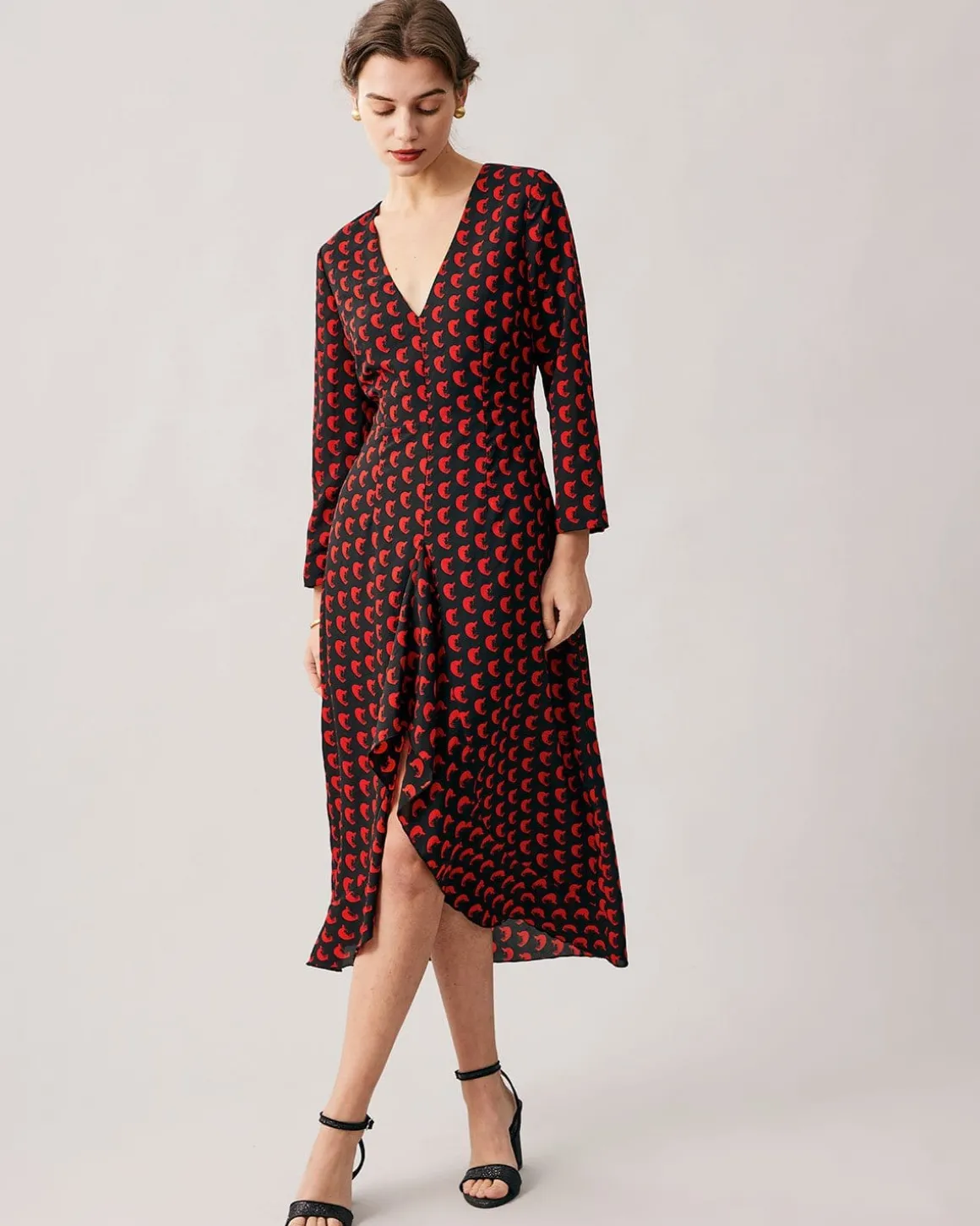 The Red V Neck Slit Long Sleeve Midi Dress