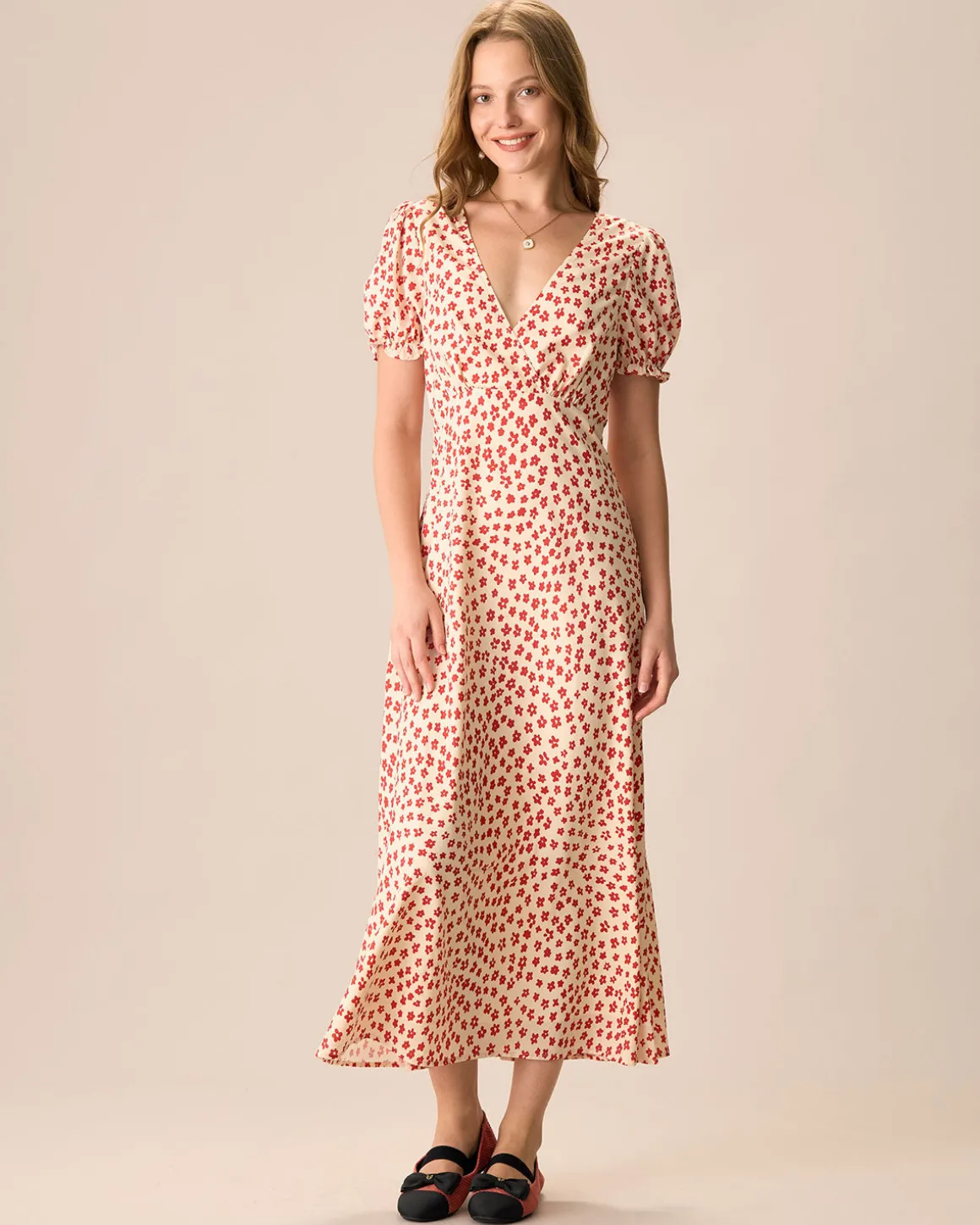 The Red V-Neck Floral Puff Sleeve Maxi Dress