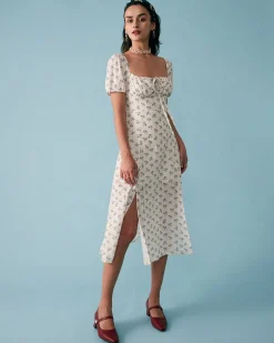 The Short Sleeve Floral Ruched Midi Dress