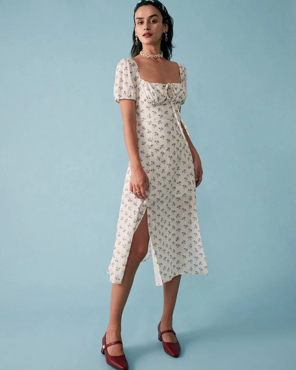 The Short Sleeve Floral Ruched Midi Dress